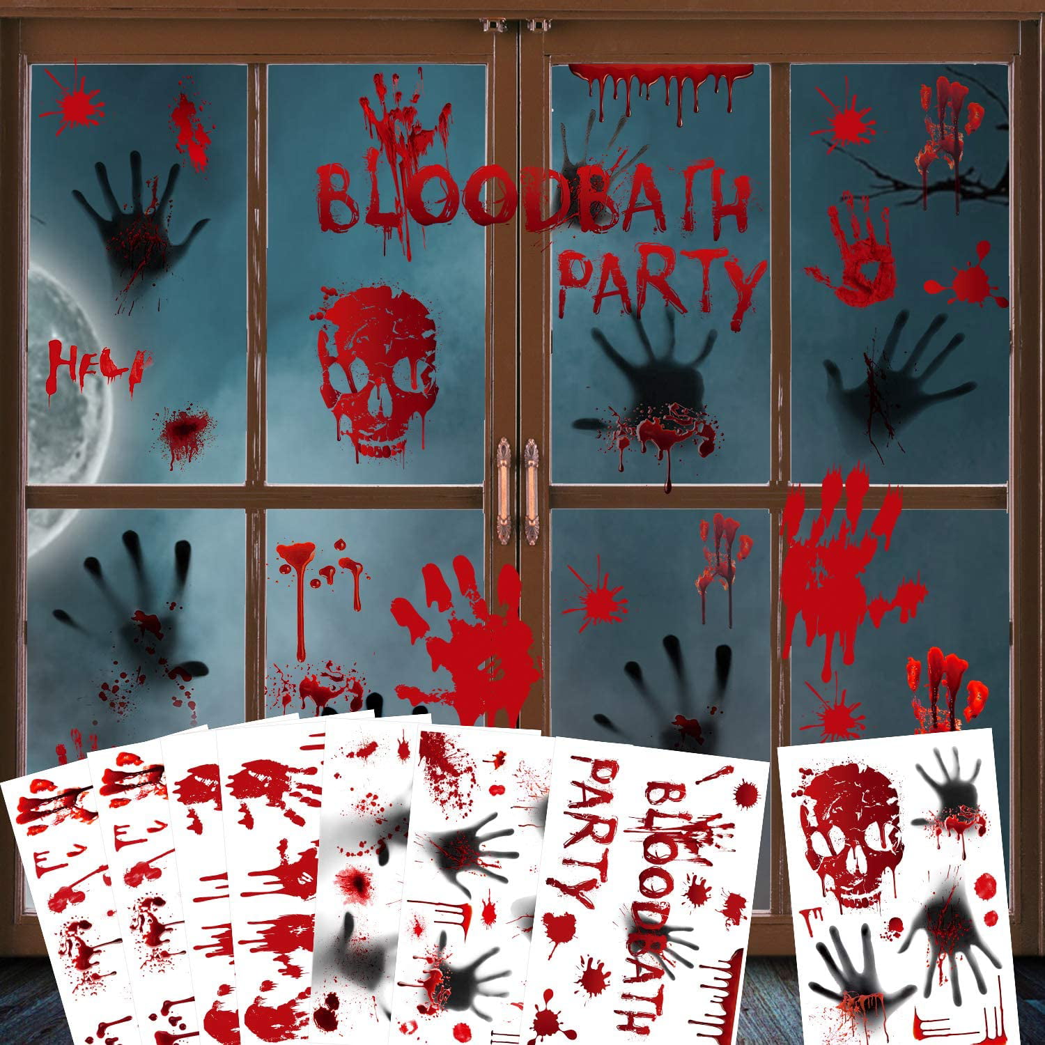 Halloween Decorations Bloody Handprint Stickers-103PCS Halloween Bloody Window Wall Clings Floor Decals Bloodstains Stickers 8 Sheets Bloody Fingerprint Stickers for Halloween Party Supplies Decor