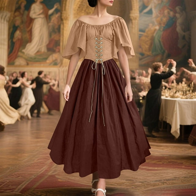 Wzzjkit Chemises à Manches Longues pour Femmes Robe Médiévale Contrastée à Manches Volantes avec Ceinture Robe à une Épaule