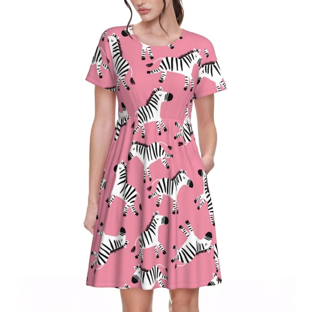 Balery Cute Cartoon Zebra Vestidos sueltos de manga corta para mujer, vestidos de verano 2025, vestidos casuales de corte A con vuelo.