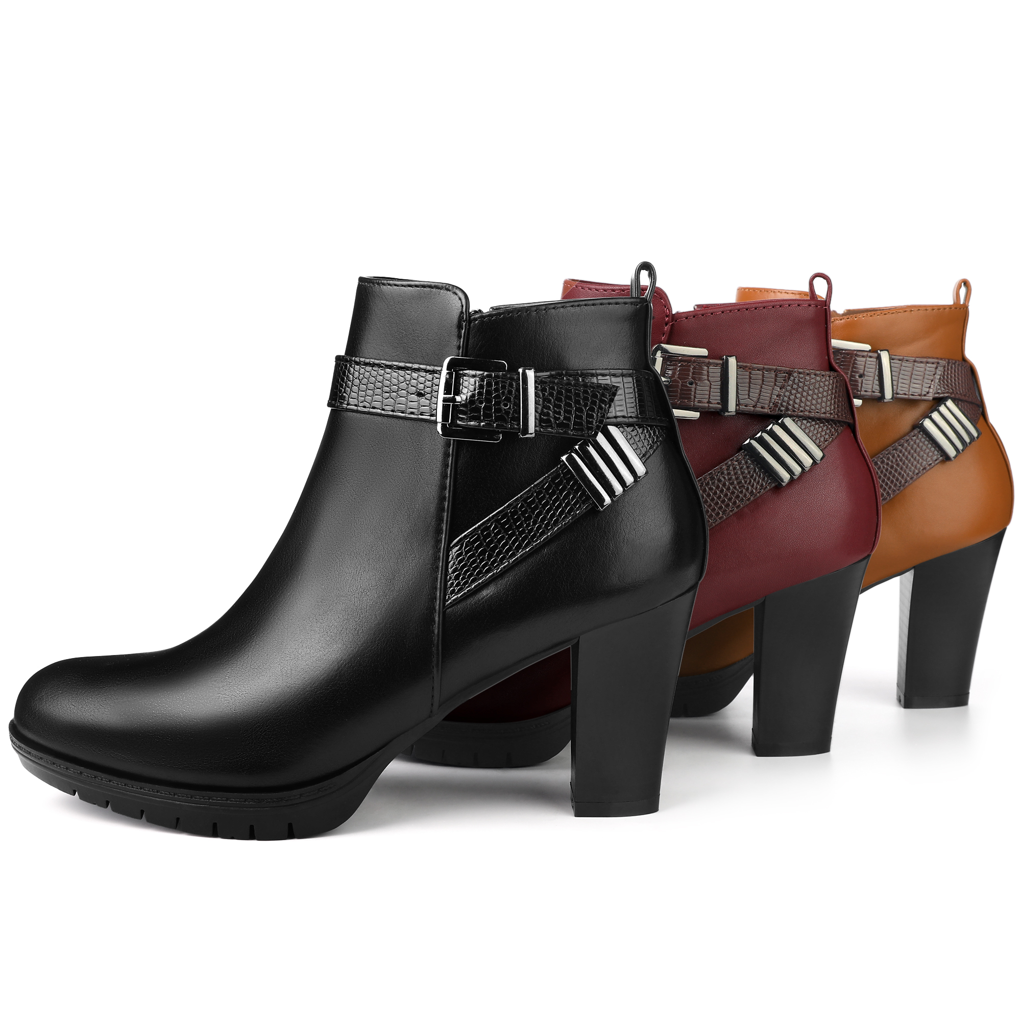 Unique Bargains Platform Block Heel Boots Buckle Ankle Boots for Women Brown 9.5
