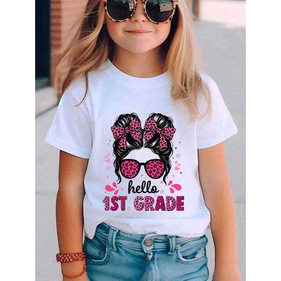 Hello 1st Grade Messy Bun Coquette First Day Of School Girls Kids Cotton Graphic Tee Comfortable boys girls T-Shirt