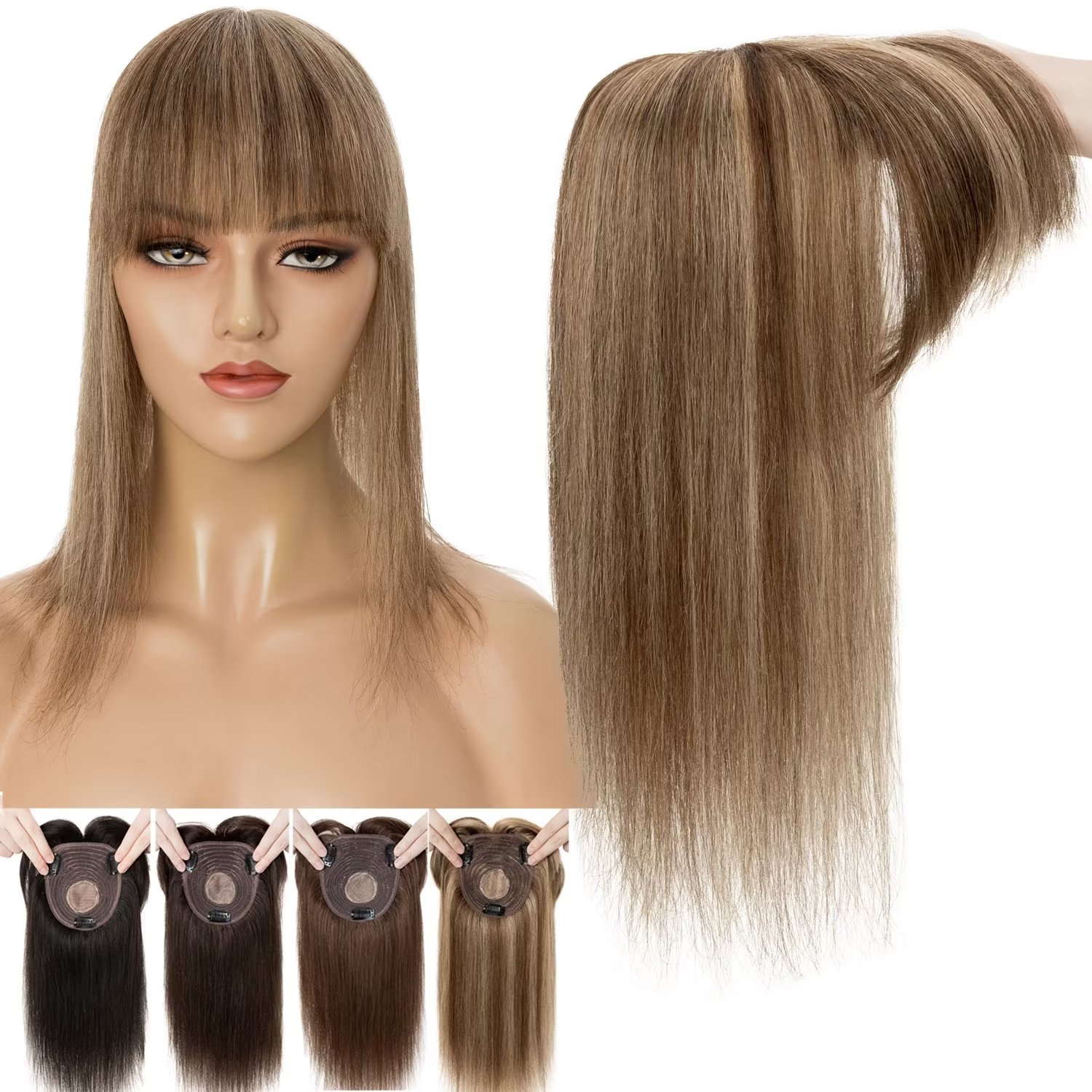 Benehair 100% Remy Human Hair Extensions Clip In Hairpiece Toupee Topper With Bang Mono Base for Women Highlight Blonde 150% 10*12cm