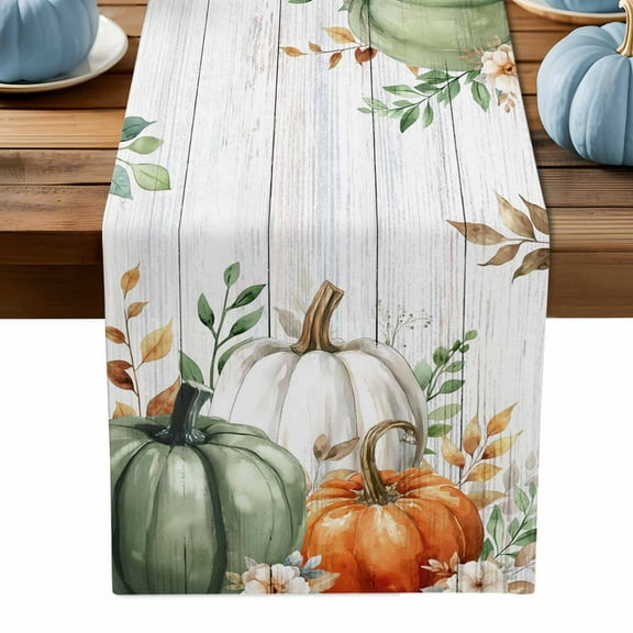 ERUNPONLY Thanksgiving Fall Table Runner - 72 Inch Long Autumn Eucalyptus Sage Green Pumpkin Cotton and Linen Blended Dress Scarves Farmhouse Table Runner for Kitchen Dining, Coffee Table, 14" x 72"