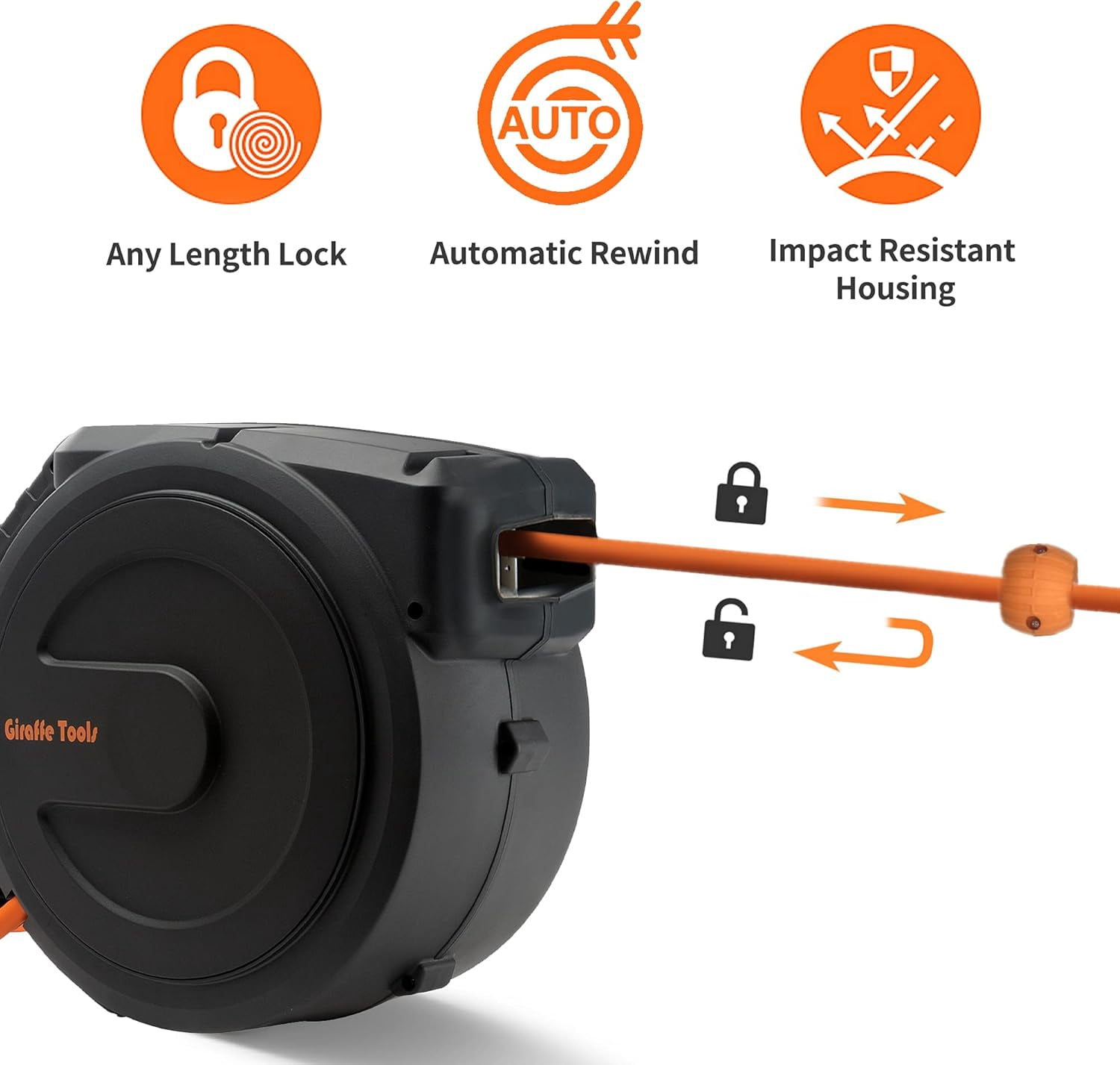 Giraffe Tools Retractable Air Hose Reel, 3/8in-50 ft, Wall Mounted with 180° Swivel Bracket, Compressor Hose Reel, 300 PSI