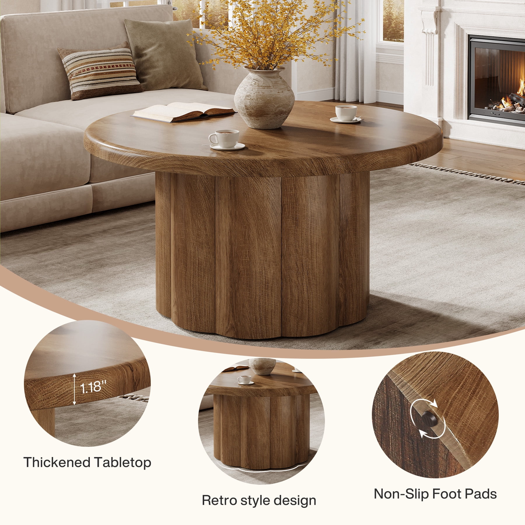 Tribesigns Round Coffee Table, 31.5" Cocktail Table with Fluted Drum Base, Circle Table for Living Room