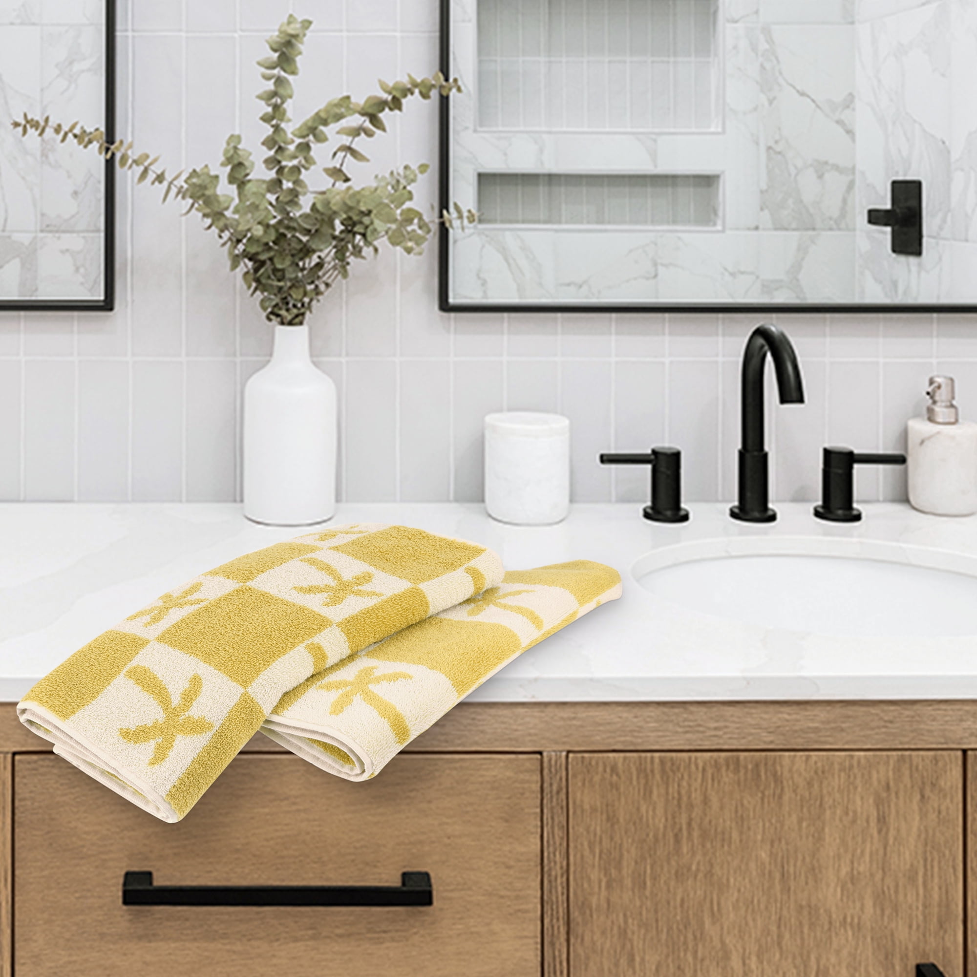 Unique Bargains Color Block Plaid Cotton Bathroom Hand Towels Yellow-Cactus 4-Piece