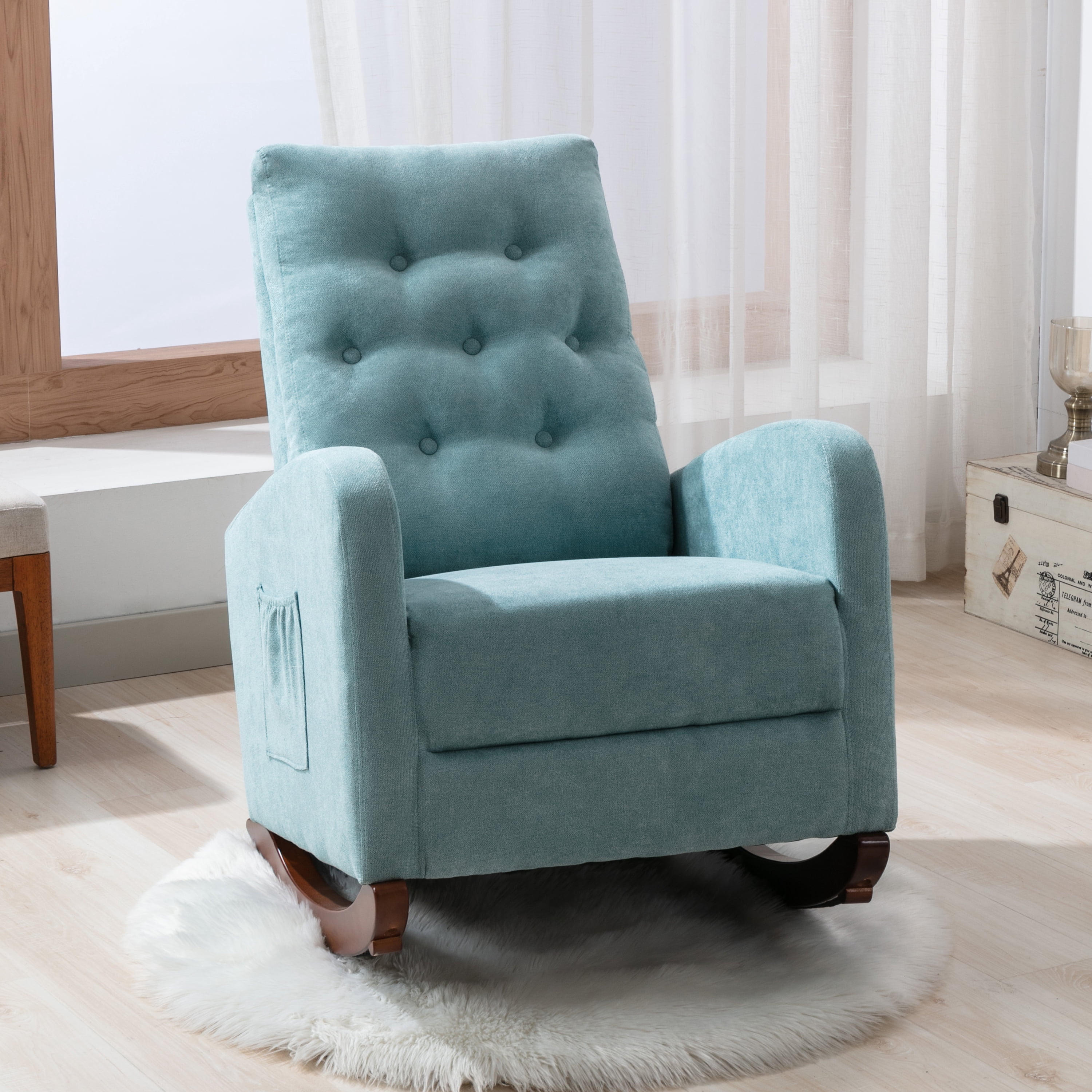 MAYEERTY High Back Rocking Chair Nursery Chair for Baby Room,Modern Accent Rocker Armchair，Mint Green