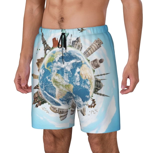 Fotbe World Travel Traje de Baño para Hombre – Shorts de Natación de Secado Rápido con Forro y Bolsillos-Small