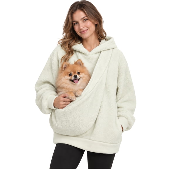 laqbezok Pet Carrier Hoodie for Small Dogs & Cats, Cozy Fleece Pet Pouch Sweatshirt, Sling-Style Animal Holder & Hands-Free Cuddle Pullover, Beige L