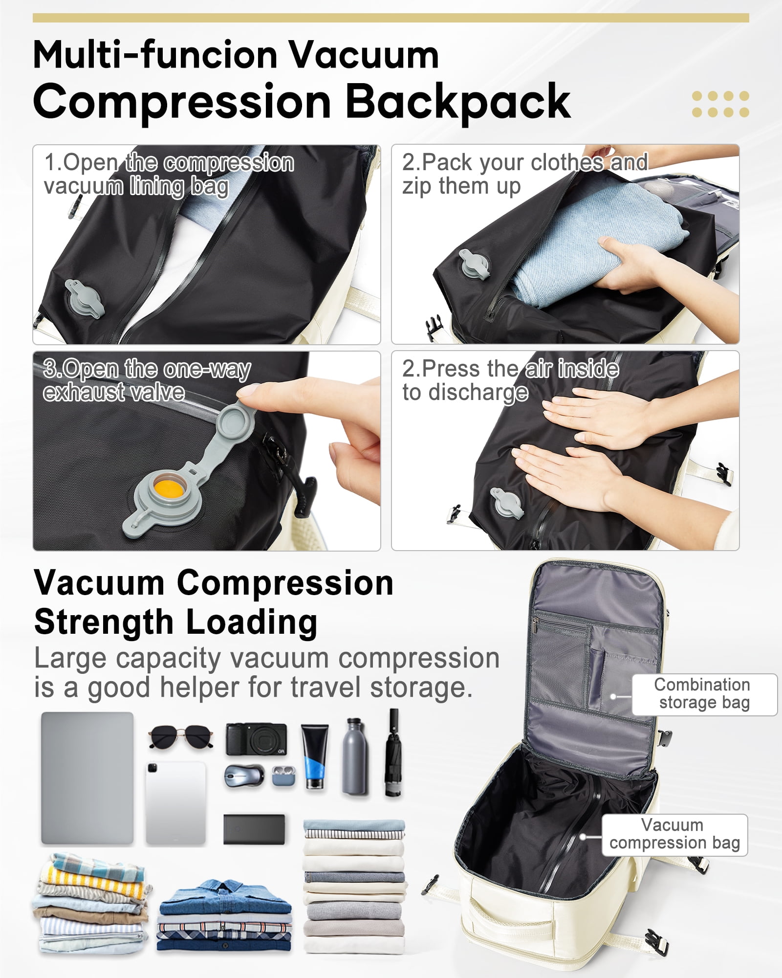 Travel Vacuum Seal Backpack with Compression for Women, Personal Item Bag United Airlines Approved, Waterproof Backpack with Air Pump, Backpack Airbag Mochila Bolso de Compression, Beige