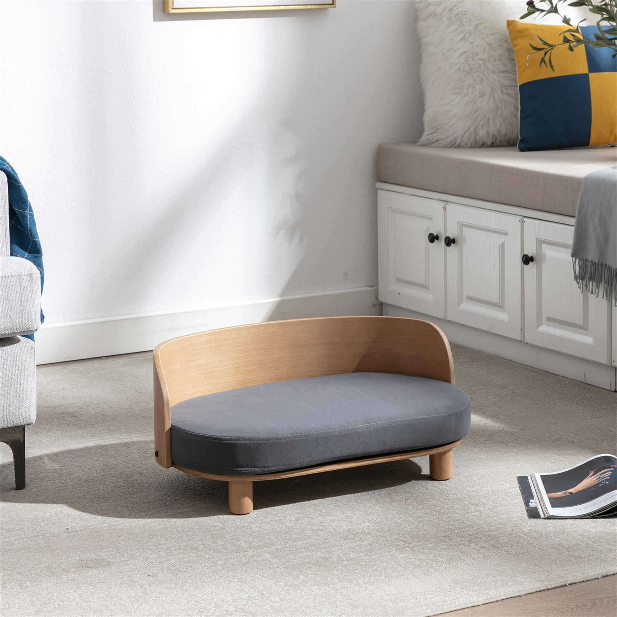 Pefilos 26" Modern Pet Sofa Dog Bed With Solid Wood legs and Bent Wood Back, Velvet Cushion, Walnut, Dark Gray Pefilos 26" Modern Pet Sofa Dog Bed With Solid Wood legs and Bent Wood Back, Velvet Cushion, Walnut, Dark Gray