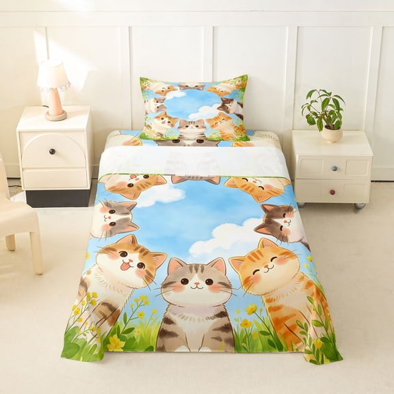 Homewish Cute Cats Animal Twin Sheets,Cartoon Pet Themed Bedding,Green Blue,3-Piece,1 Fitted Sheet and 1 Pillowcase