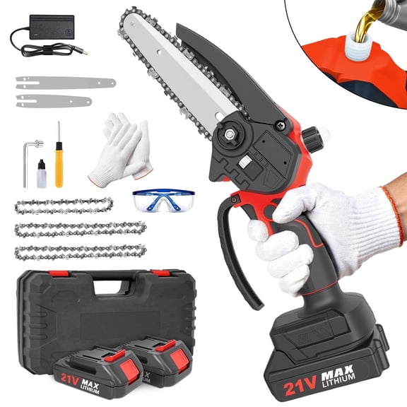 BAOKALER Mini Chainsaw, 4 & 6 inch Handheld Electric Chainsaw with 2×2.0Ah Batteries and 3 Chains for Tree Trimming Wood Cutting, Red