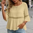 thumbnail image 4 of thefmos Women Summer Round Neck 3/4 Sleeve Lace Trim Flowy Boho Casual Pullover Tops Dressy Casual Loose Blouses Fall Shirts Clothes, Khaki XL, 4 of 8