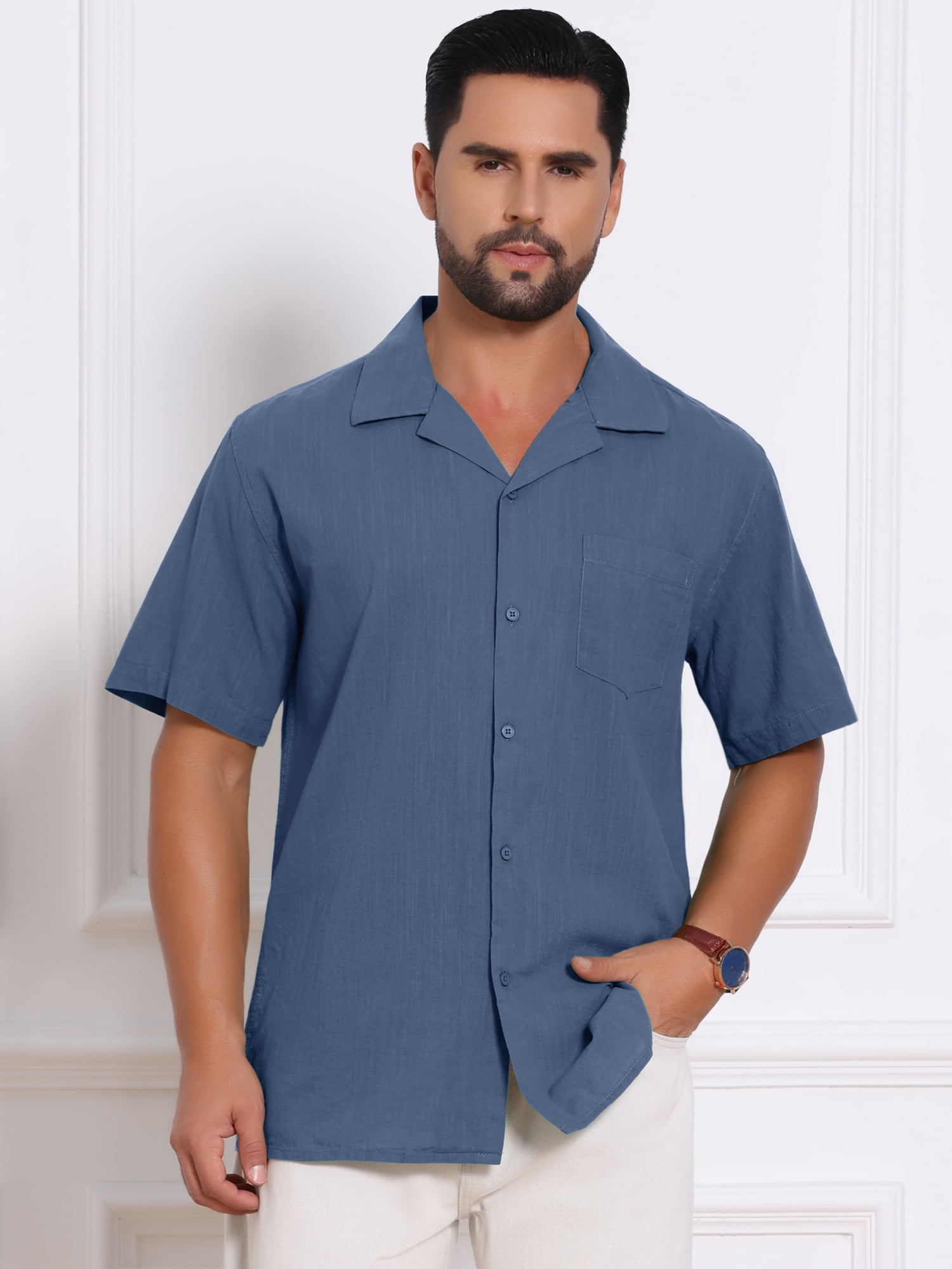 DARING DIVA Men's Camp Collar Button Down Short Sleeve Cotton Shirts S Dark Blue