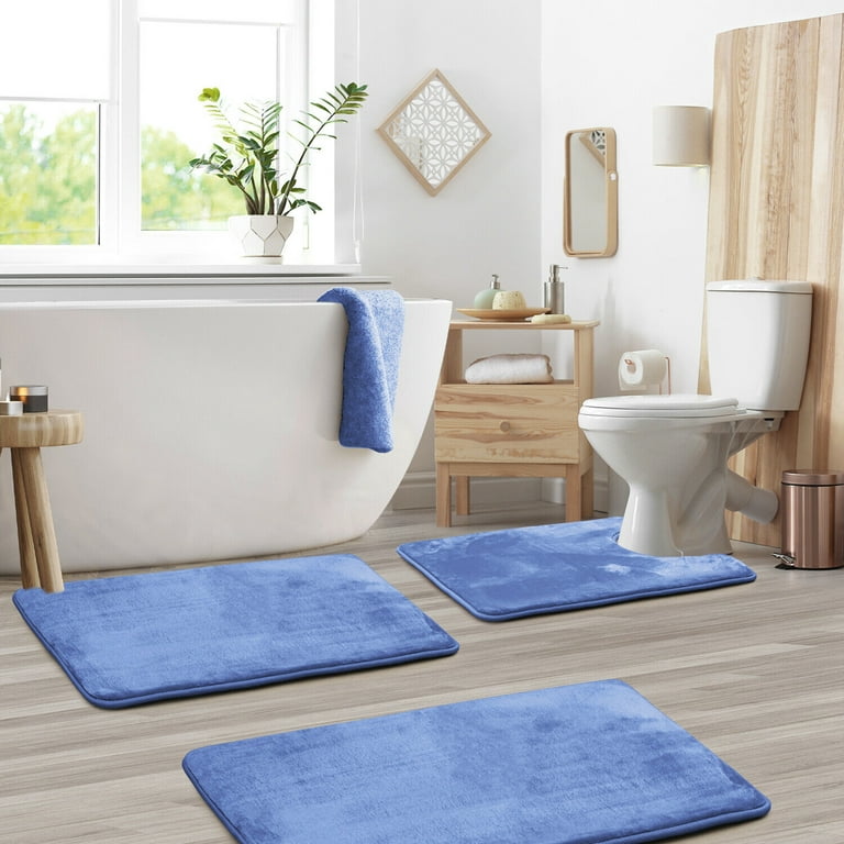 Youloveit Bathroom Rugs Sets 3 Piece Bath Mats, U-Shaped Contour Mat, Anti-Slip Mat Set Bathroom Mats and Rugs Sets, for Bathroom Floor, Blue