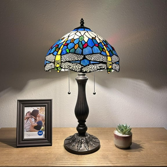 Tiffany Table Lamp Dragonfly Blue Stained glass LED Bulbs Included for Living Room Dining Room Bedroom Bedside 12"W*12"D*22"H