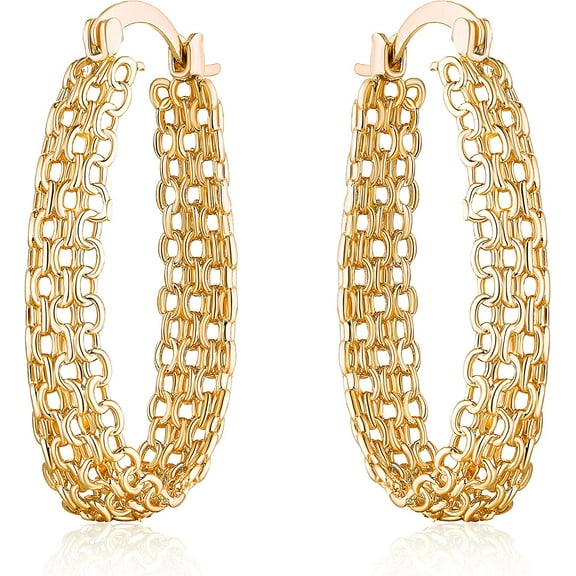 Gold Filigree Earrings for Women | 18K Gold Plated Link Mesh Braided Filigree Hoop Earrings (Gold)