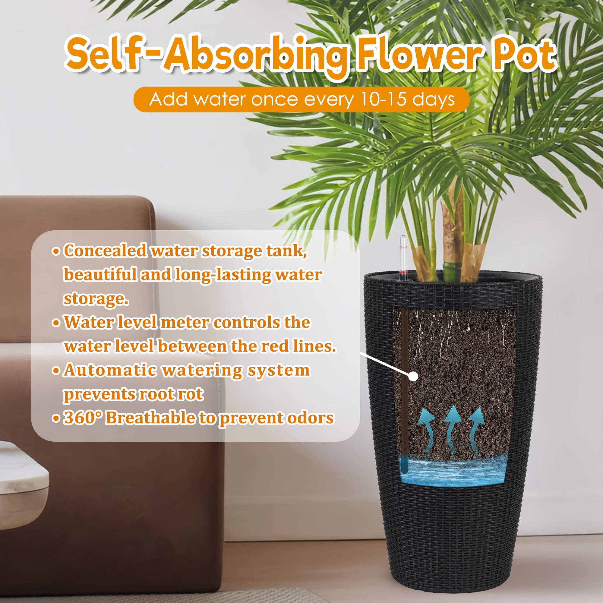Black Polypropylene Set of 2 Tall Planters - 22.17 in H for Indoor Outdoor Use