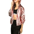 thumbnail image 3 of INSPIRE CHIC Women's Jacket Shiny Long Sleeve Lightweight Zipper Hooded Metallic Jacket S Pink, 3 of 9