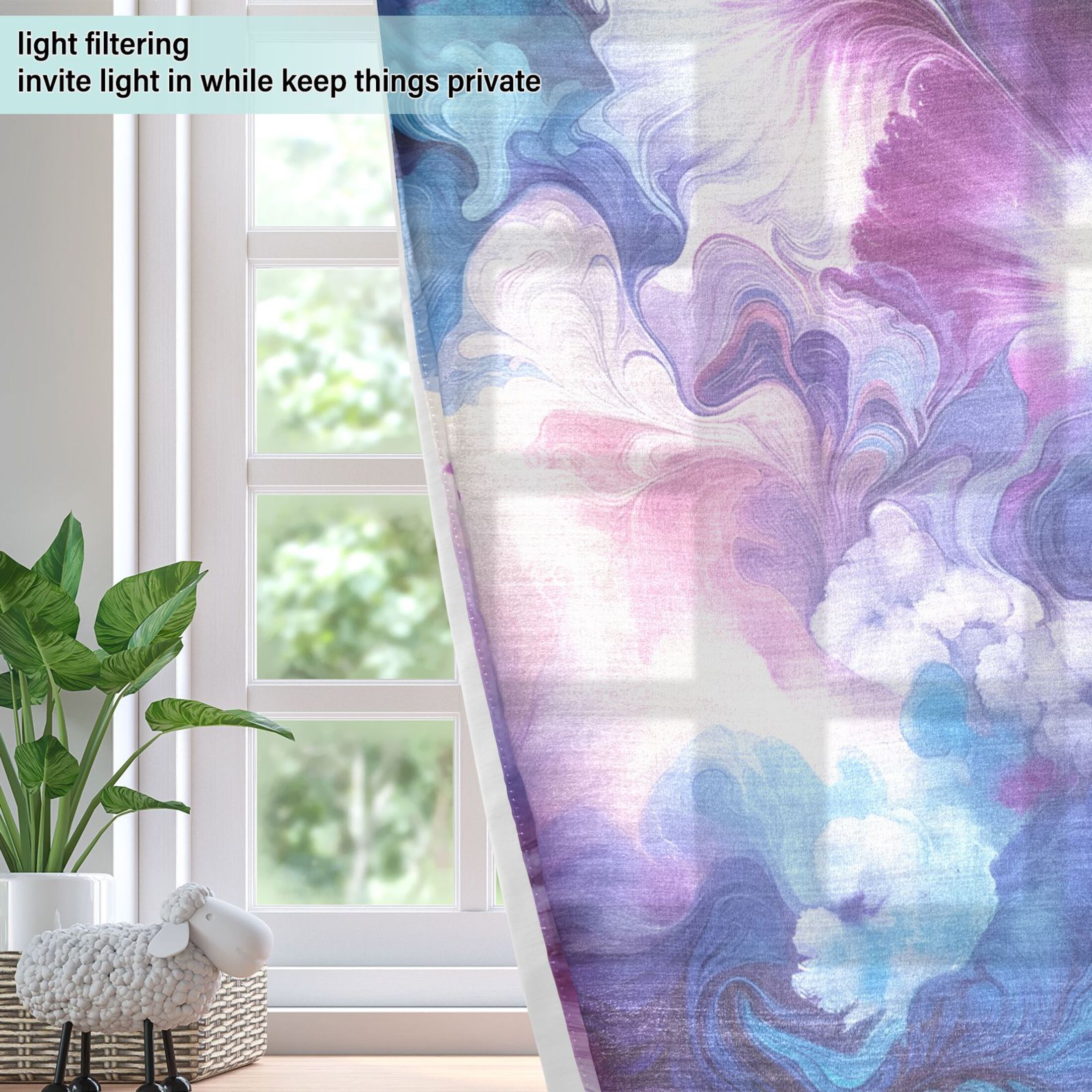 Blue and Purple Marble Faux Linen Curtains Semi Sheer 2 Panels Voile Sheer Drapes for Office Living Room 63x42in