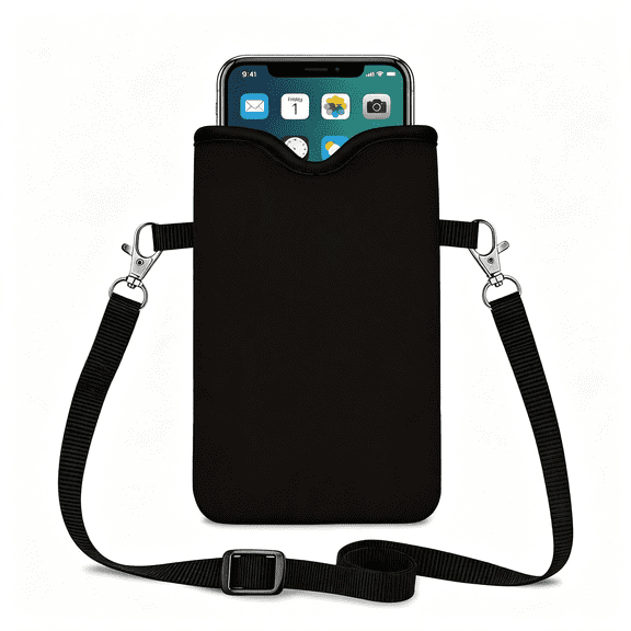 XIBUFE Neoprene Phone Sleeve Pouch Case Bag for Women Men with Crossbody Strap,7.1X3.9 In,Shockproof Mobile Protection Case Bag with Neck Lanyard,Fits Most Phones,Classic Black