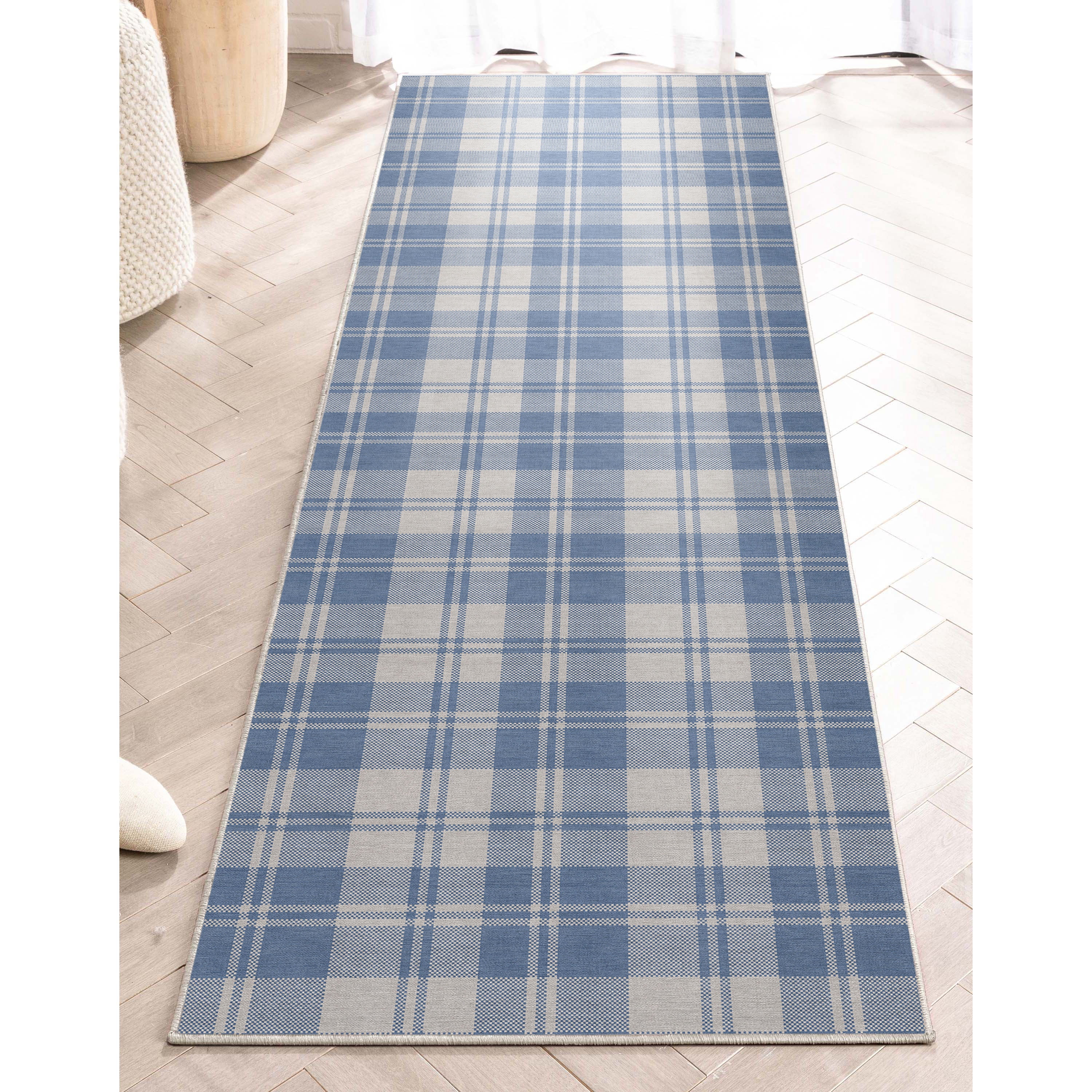 Well Woven Apollo Flatwoven Plaid Blue 2'3" x 7'3" Runner Rug