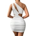 thumbnail image 2 of hirigin Women Summer Party Dress, Solid Color Hollow Out One-Shoulder Sleeveless Ruched Wrap One-Piece for Ladies, White, 2 of 9