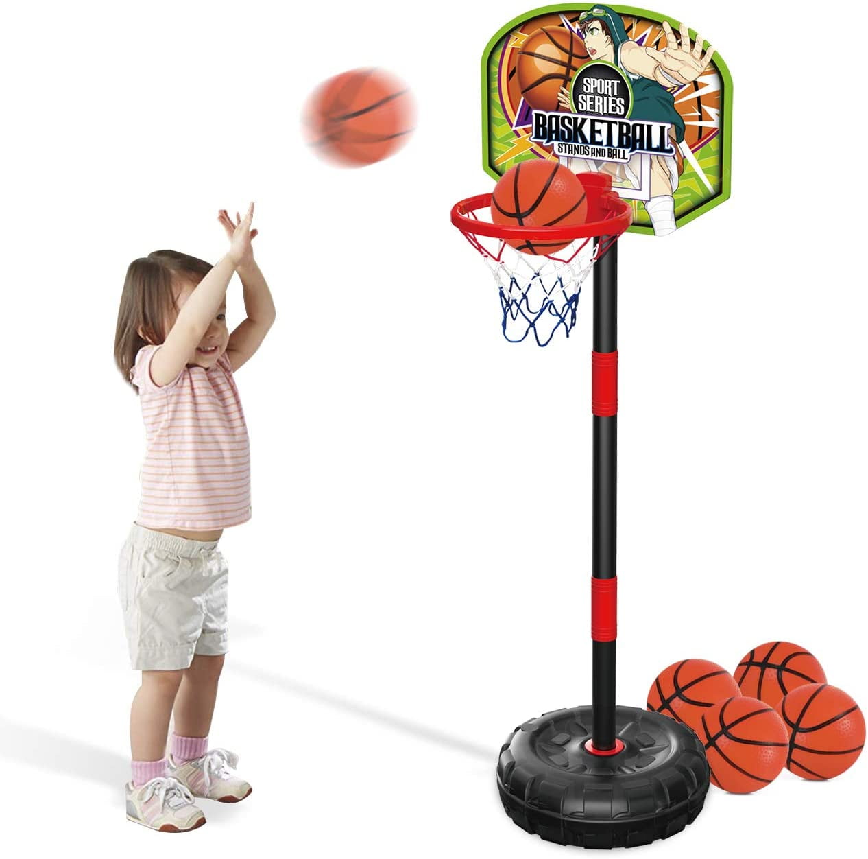 HANMUN Toddler Basketball Hoop for Kids Set Adjustable Portable Basketball Set 2-in-1 2020 Kids Basketball Stand Sport Game Play Set Net Ball and air Pump Girl Boy Baby Sport 