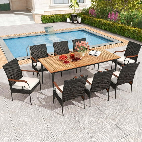 Costway 9 PCS Patio Dining Set with Acacia Wood Tabletop 1.9" Umbrella Hole Outdoor
