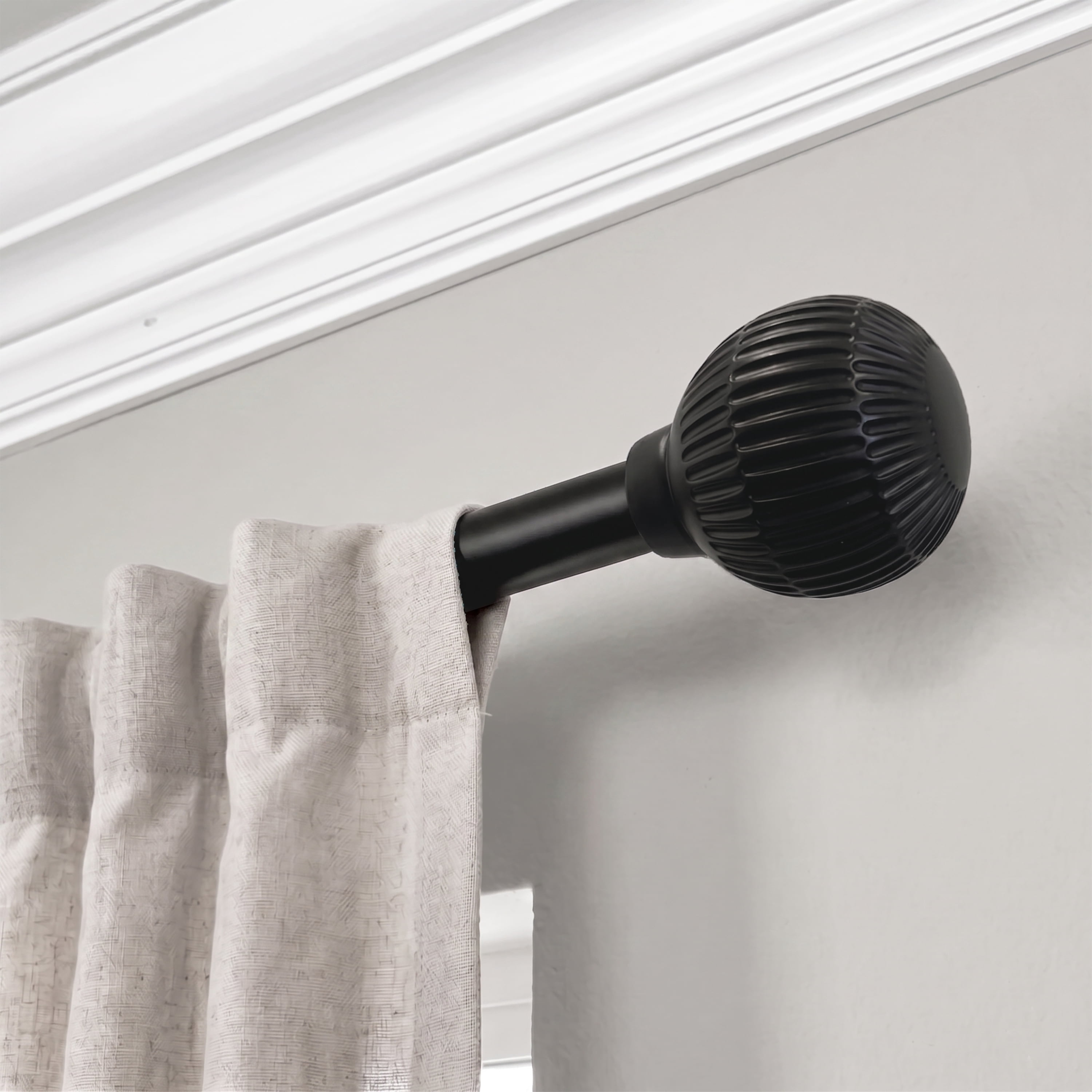Mainstays 3/4" Matte Black Ribbed Ball Adjustable Single Curtain Rod, 30-84"