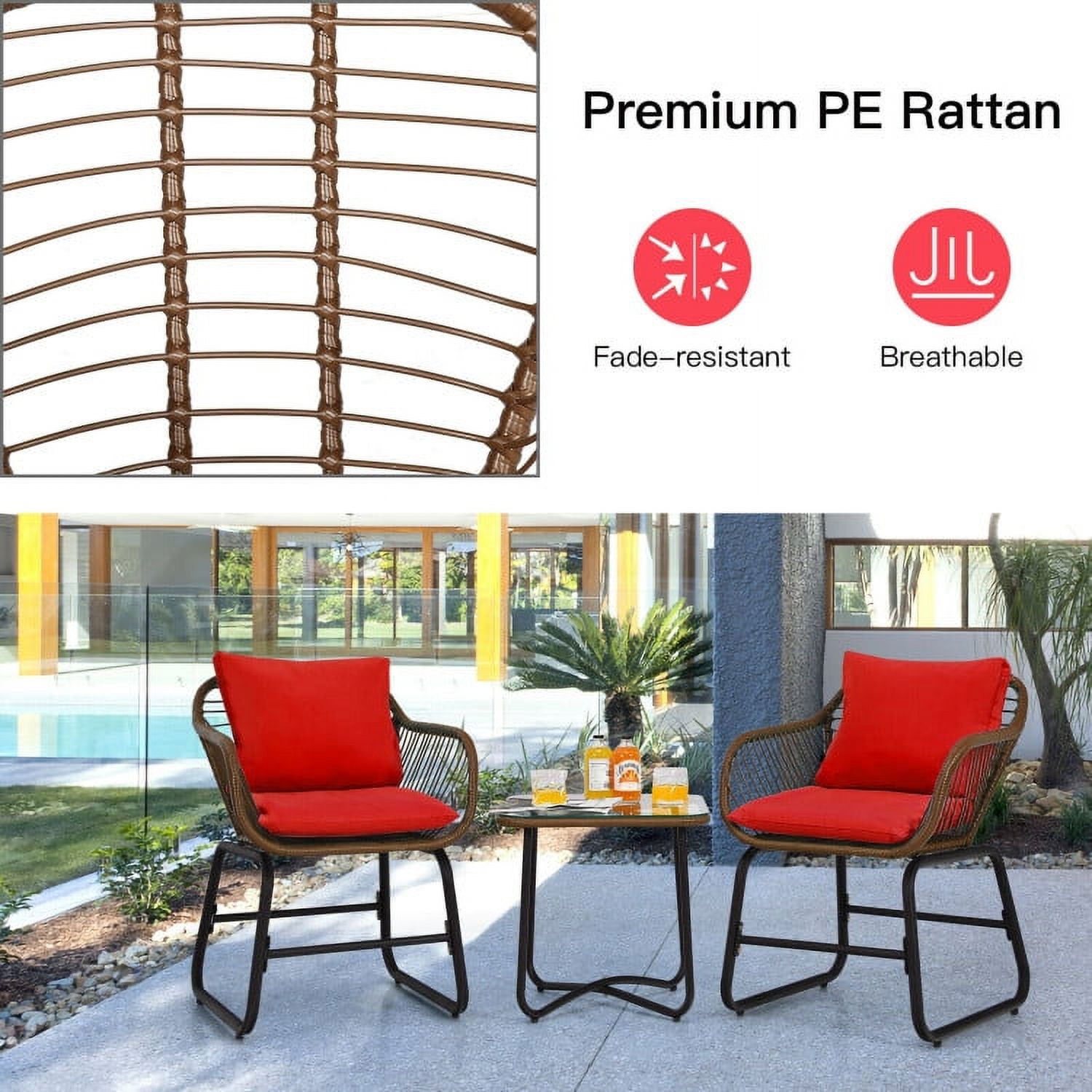Aimee Lii 3 Pieces Patio Rattan Bistro Set Cushioned Chair Glass Table Deck, Outdoor Patio Furniture, Red Aimee Lii 3 Pieces Patio Rattan Bistro Set Cushioned Chair Glass Table Deck, Outdoor Patio Furniture, Red
