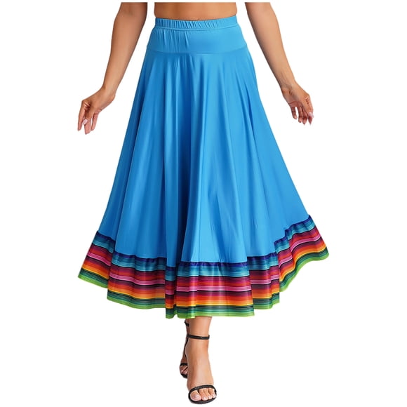 Lejafay Women Colorful Ruffle Flamenco Dance Skirts Elastic Waist Ballroom Folk Dancing Ladies Practice Skirt SkyBlue 87cm L