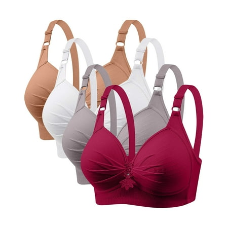 GERsome Pack of 4 Assorted Color Comfortable Full Coverage Bra for Women Wireless Bras with Soft Support Plus Size Everyday Bras 4PC#Gray/Wine/Khaki/White S
