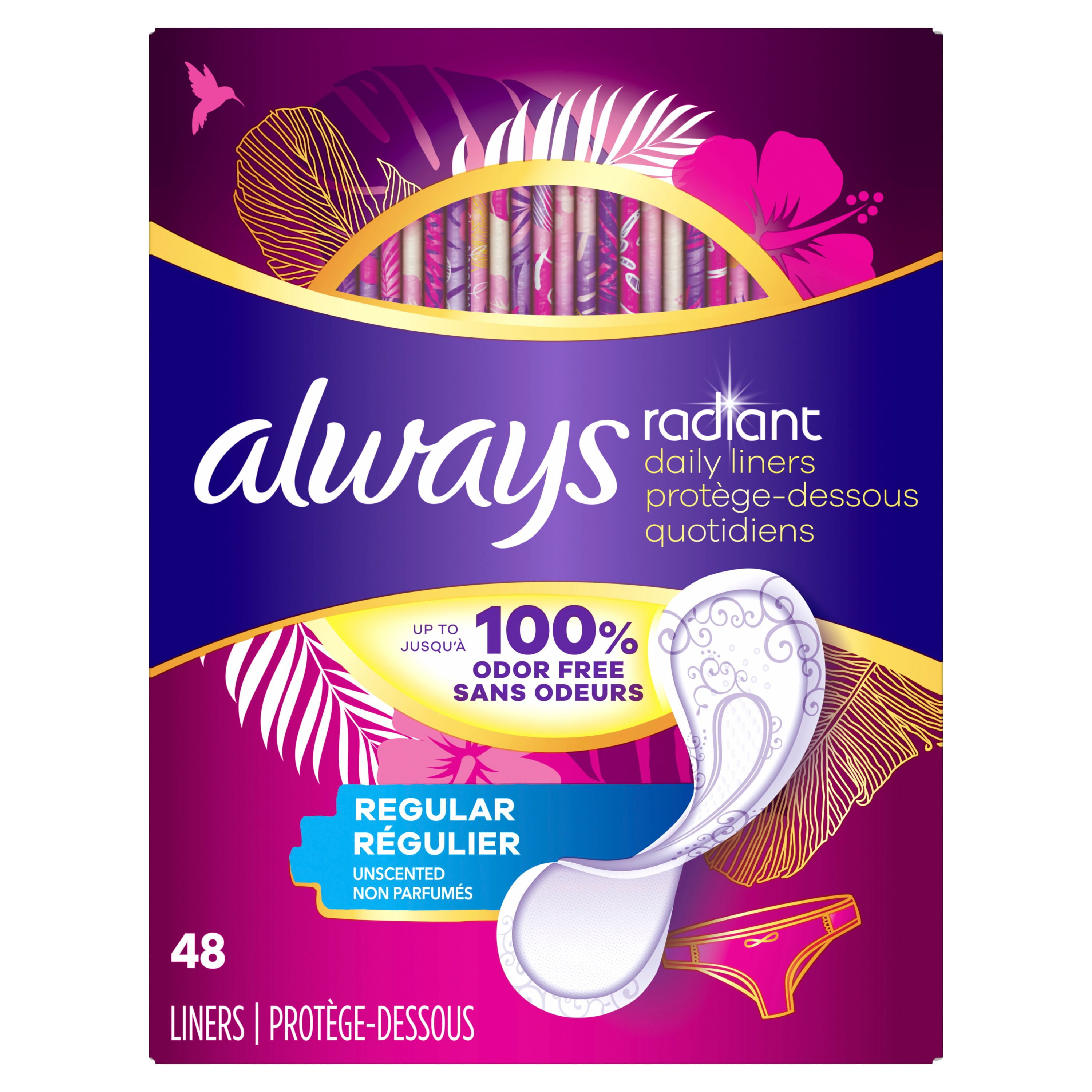 Always Radiant Daily Liners Light Absorbency, Regular Length, Up to 100% Odor Free and Fragrance Free, with Edge-2-Edge Adhesive, 48 Count