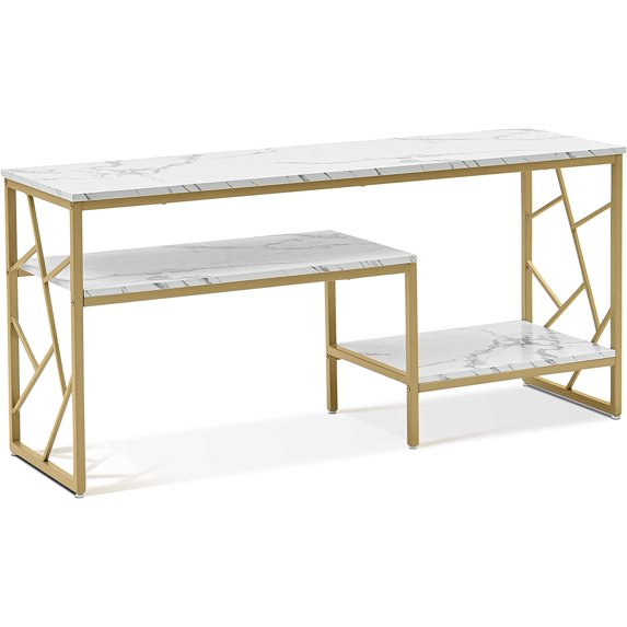 Ivinta White Sofa Table, Narrow Entryway Table with Storage Shelf, Faux Marble Top Console Table with Gold Metal Frame