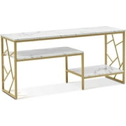 Ivinta White Sofa Table, Narrow Entryway Table with Storage Shelf, Faux Marble Top Console Table with Gold Metal Frame