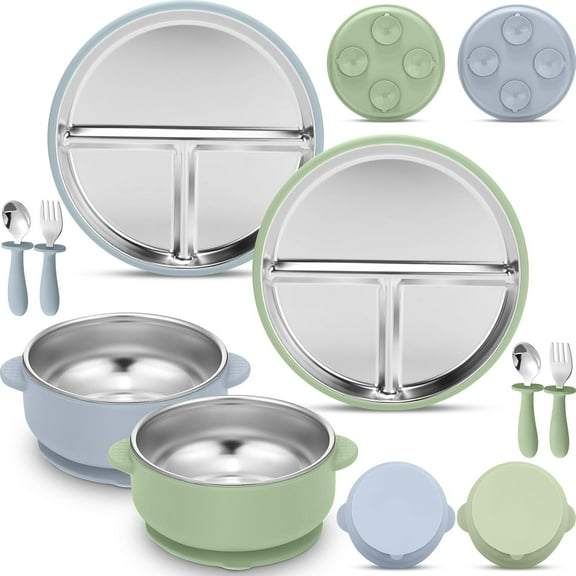 8 Pcs Stainless Steel Kids Plates and Bowls Set with Suction Stainless Steel Baby Plate, Toddler Bowls, Forks, Spoons with Removable Silicone Suction Silicone Baby Feeding Set, Dishwasher Safe