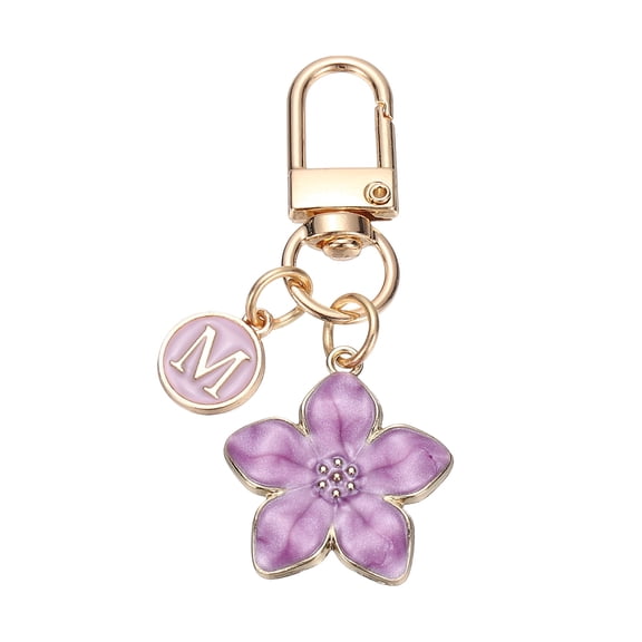 Uxcell Flower Initial Keychain, Letter Keychain Charm Graceful Flower with Letter M for Women Pendant Key Wallet Handbag Backpack Bag Accessories, Purple