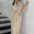 thumbnail image 3 of Autumn Winter Lady Dress Knitted High Collar Neck Protection with Belt Long Lantern Sleeves Ankle Length Button Decor Solid Color Maxi Dress, 3 of 8