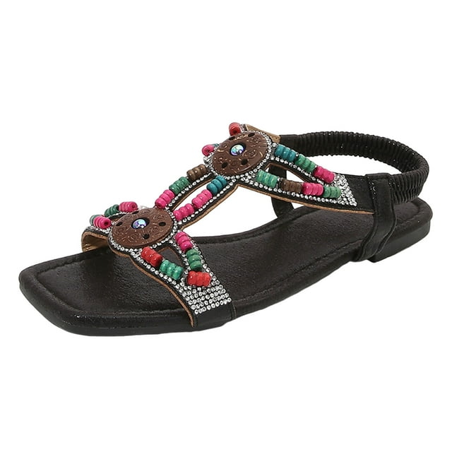 eczipvz Chaussures de Marche pour Femmes Sandales Plates à Rivets Strass Perles Sandales à Enfiler en Mousse à Mémoire de Forme Sandales à Bout Ouvert, Noir