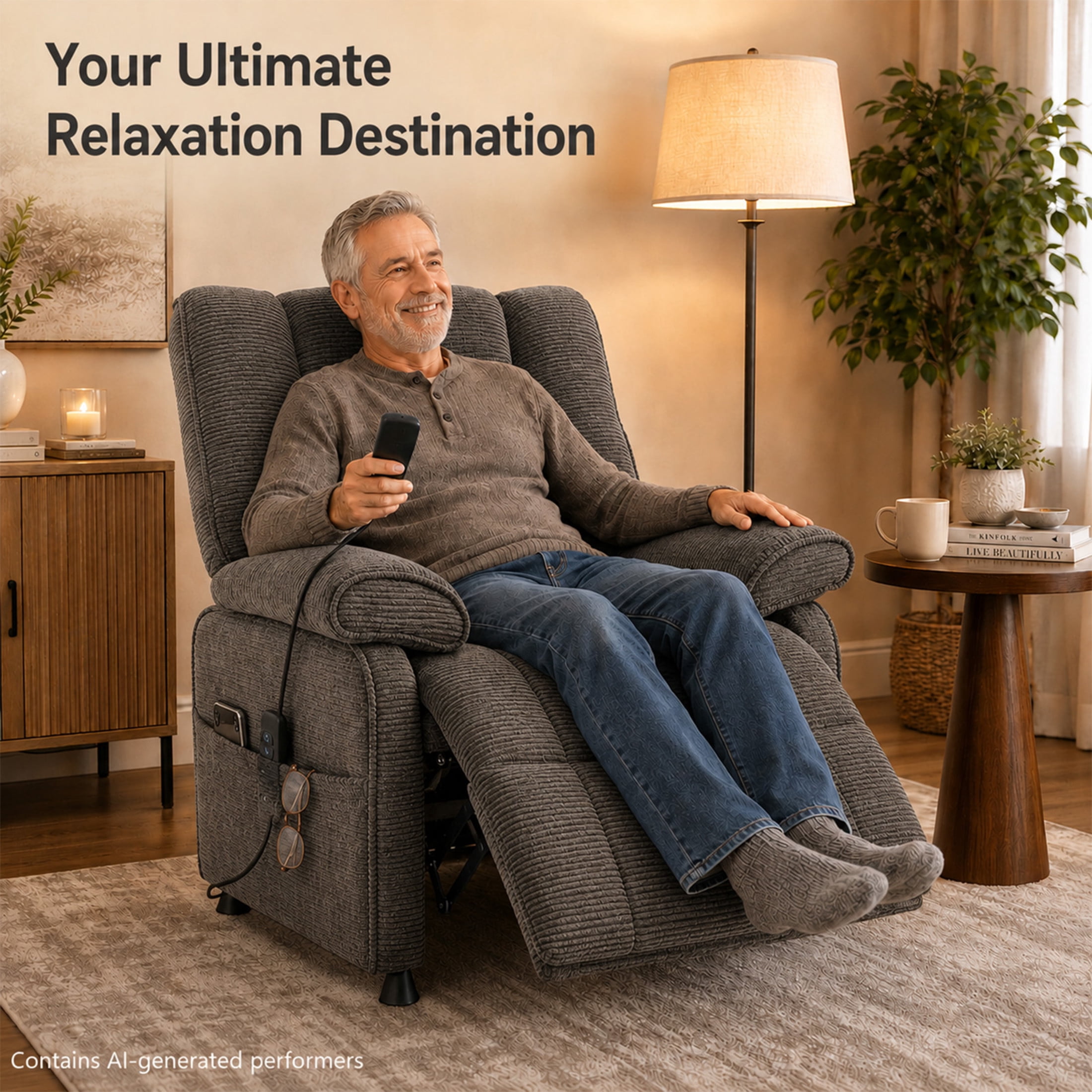 GDF Studio Rosane Electric Power Recliner Chair with Side Storage Pocket, Chenille Multi-Scene Lounge Chair, Dark Grey