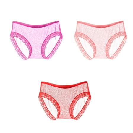 

Womens Three-Piece Low Middle Waist Transparent Mesh Solid Lace Thongs