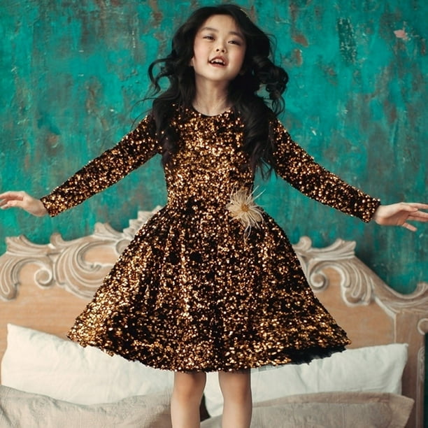 Girls Dresses Kids Long Sleeve Cute Sequin Glitter Party Carnival Gown  Formal Dress Toddler Dress Gold 5 Years-6 Years - Walmart Business Supplies
