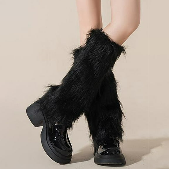 Honeeladyy Faux Fur Leg Warmers Furry Boot Covers, Women's Fur Leg Warmers Warm Fuzzy Boot Cuff Boot Sleeves for Outdoor Activities, Black