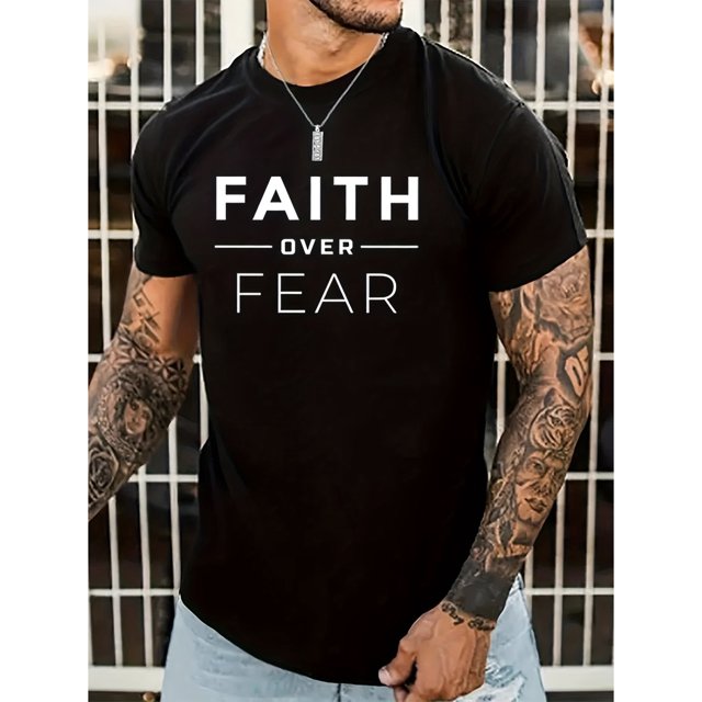 Mens Faith Over Fear Graphic Tee - Lightweight, Short Sleeve, Crew Neck - Inspirational Summer Clothing for Outdoor Adventures, Casual Sporty Tee, Summer Gifts