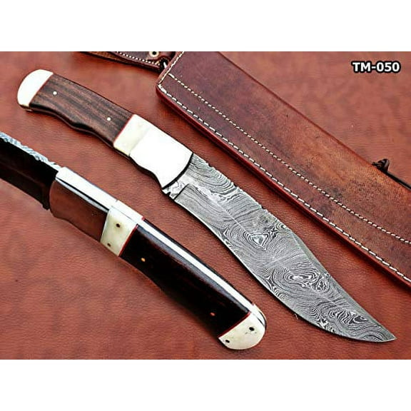 Damascus Steel Nessmuk Knife, 14" Long Custom Made Hand Forged with 8" Long Blade, Rose Wood Scale with Camel Bone & Steel Bolster, Exotic Cow Hide Leather Sheath Included