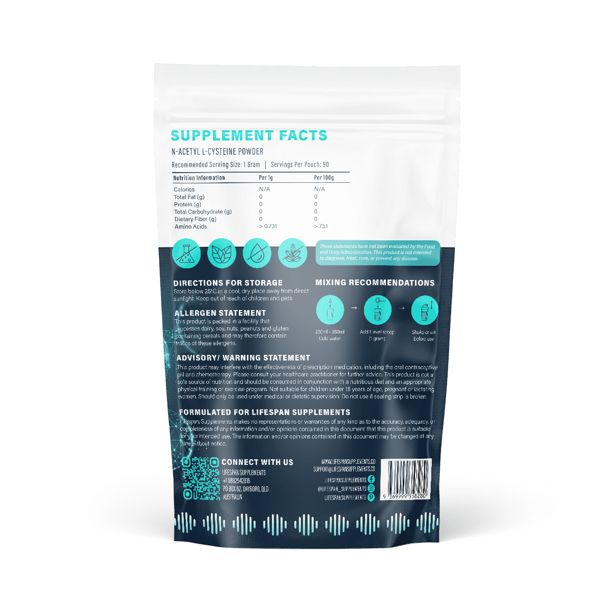 NAC Powder (N-Acetyl L-Cysteine) 90g – Antioxidant Support for Detox, Immune Health & Cellular Wellness – 90 Servings – Lifespan Supplements