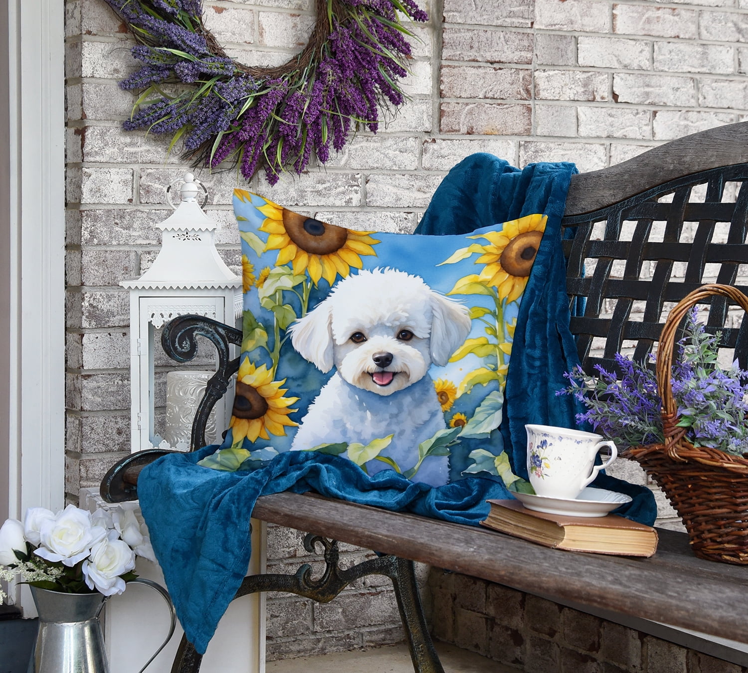 Bichon Frise in Sunflowers Throw Pillow 18 in x 18 in