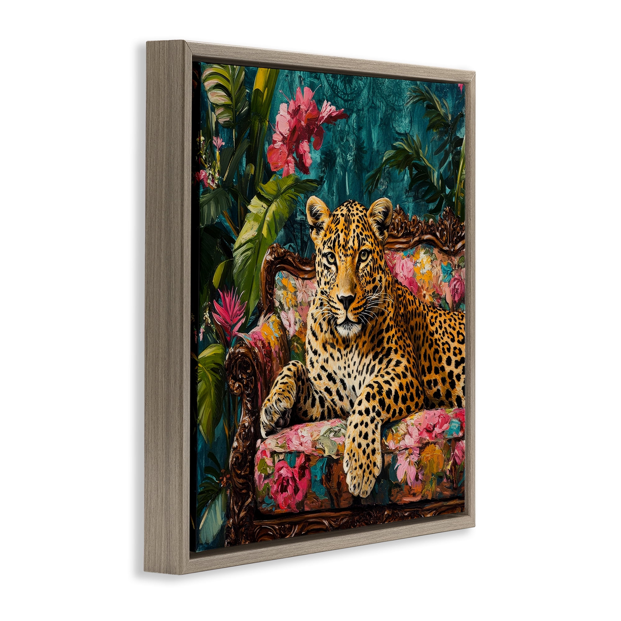 Stupell Industries Fashionable Leopard on Floral Sofa Brown Framed Floater Canvas Wall Art, design by Petal Prints Design